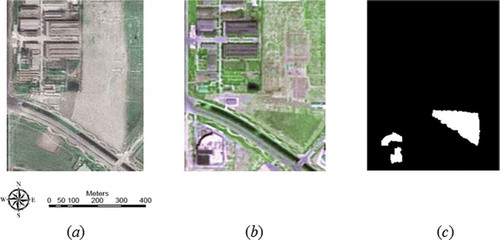 Figure 5. Data set 2 (the centre coordinate: 39°6ʹ N, 117°5ʹ W) acquired by SPOT5 on (a) April 2008 and (b) February 2009, (c) ground reference map.