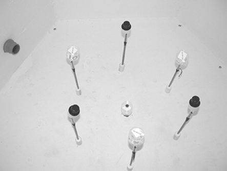 FIG. 1 Arrangement of the six sample ports in the test section of the settling chamber, with alternating AOC and BA cassettes attached.