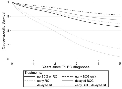 Figure 3. Cancer-specific survival for T1 BC patients in Norway dependent on combined early and delayed treatment.