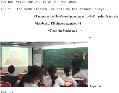 Figure 8. T points at the blackboard, pointing at ‘p. 44-45’, palm facing the blackboard, RH fingers extended.