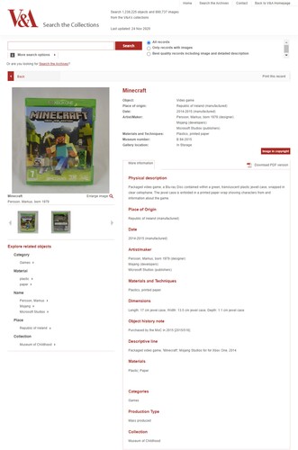 Figure 1. A screenshot of the object page for Minecraft in the V&A online catalogue.