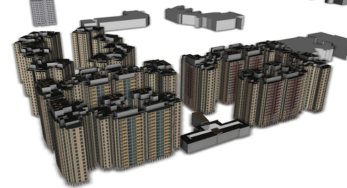 Figure 8 Final result showing multiple buildings in the case study area with textured roof geometry obtained using photogrammetry and procedurally modelled detailed façade structures.