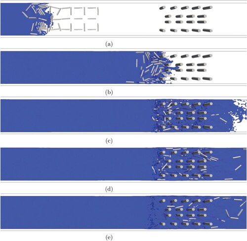 Figure 22. Simulation results of tsunami with driftwood against tide protection forest (case 2). The size of driftwood is 2 cm×2 cm×15 cm, and the number of poles is 18. (a) t=1.68 s, (b) t=2.88 s, (c) t=3.84 s, (d) t=4.80 s and (e) t=6.24 s.