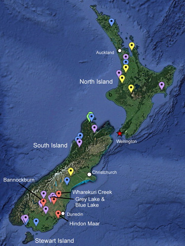Figure 1. Map of Cenozoic New Zealand localities with recorded leaf fragments (red) of cycad fossils with anastomosing venation (Pole Citation1992, Citation2007; this study) and Late Cretaceous to Cenozoic cycad pollen reports from FRED, Raine et al (Citation2011), or as unpublished reports (D.C. Mildenhall, 2017, pers. comm.): Cretaceous to Paleocene (green), Eocene (blue), Oligocene (yellow) and Miocene (pale purple). See Appendix 1 for pollen locality details.