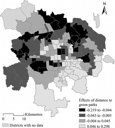 Figure 4. District-level effects of proximity to green parks using estimates from multilevel modeling-multivariate Leroux conditional autoregressive (MLM-MLCAR) model.