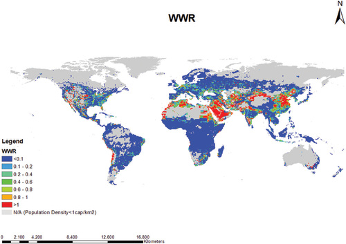 Figure 7. Spatial distribution of water stress represented by withdrawal-to-available-water ratio (WWR).