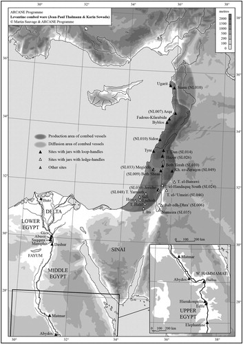 Figure 1 Map of the eastern Mediterranean, showing the production and diffusion patterns of Combed vessels (Thalmann and Sowada Citation2014: fig. 1).