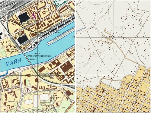 Figure 13. Details from the city plans of Frankfurt am Main, West Germany (1983) (left, private collection) and La Paz, Bolivia (1977) (right, Institut Cartogràfic i Geològic de Catalunya, RM.165446), which respectively adopt the most and fewest symbols in the sample at 1:10,000.