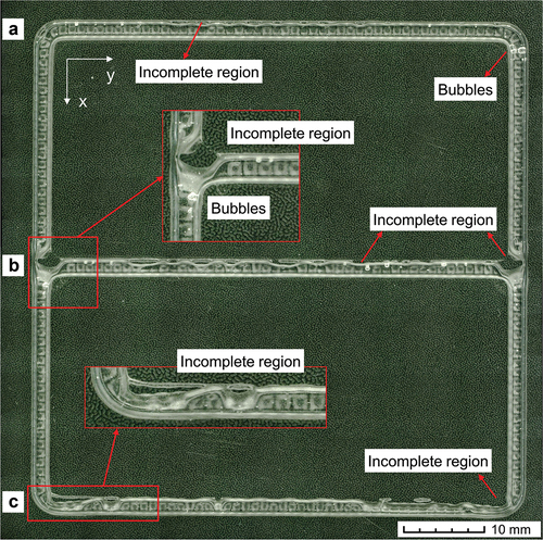 Figure 2. Representative specimen of the basic sealing design with highlighted print defects (printed at 160 mm/s using condition SS–R1). The used squeegee direction corresponds to the indicated positive x-direction.