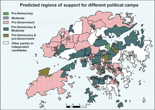 Figure 4. A prediction map of the 2004 LegCo Election of Hong Kong. The map was made before the election to reveal our speculation of potential areas of support for each political camp. (Available in colour online.)