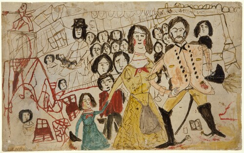 Figure 10. Johnny Dawson, ‘Cavalryman and family with a crowd in the background’/ [Circus audience and performer] c. 1855, pencil, ink, watercolour, 25.0 × 41.0 cm. Indent. no. VI 2585a. Gifted by von Guérard, 1879. Photo: Staatliche Museen zu Berlin, Ethnological Museum / Heinz-Günther Malenz. https://id.smb.museum/object/1445244.