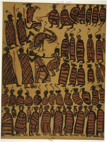 Figure 4. William Barak, Aboriginal Ceremony with Wallaby and Emu (ca. 1880–1980), brown ochre and charcoal on cardboard, Pictures Collection, State Library Victoria, H29641.