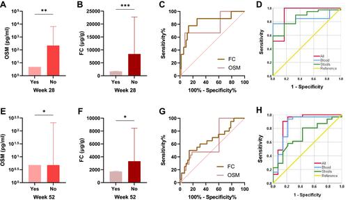 Figure 4 Elevated fecal OSM and FC levels in therapeutic non-responders. Baseline fecal OSM (A) and FC levels (B) in predicting therapeutic response at week 28. (C and D) ROC curves of fecal and blood biomarkers to predict therapeutic response at week 28. Baseline fecal OSM (E) and FC levels (F) in predicting therapeutic response at week 52. (G and H) ROC curves of fecal and blood biomarkers to predict therapeutic response at week 52. *P < 0.05, **P < 0.01, ***P < 0.001.