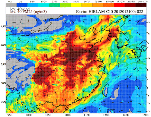 Figure 8. Enviro-HILRAM operational PM2.5 concentration forecasts for China in a downscaling chain (left-right: regional, sub-regional, urban – Shanghai metropolitan area) for 21 January 2018, 22 UTC.