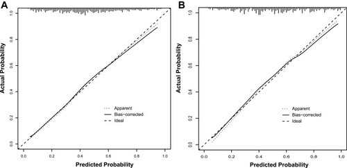 Figure 4 Calibration curve of the nomogram for the training set (A) and the validation set (B). The X-axis represents the overall predicted probability of revascularization after PCI and the Y-axis represents the actual probability. Model calibration is indicated by the degree of fitting of the curve and the diagonal.