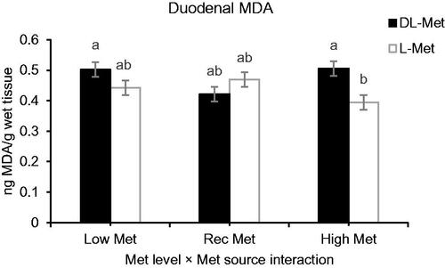 Figure 4. Interaction effect of methionine (Met) levels and sources on duodenal lipid peroxidation (ng MDA/g wet tissue) of broiler reared under normal or heat stress conditions. ‘Low-DL or L-Met, 30% lower that Ross 308 recommendation (2014)’; ‘Rec-DL or L-Met, Ross 308 recommended level’; ‘High-DL or L-Met, 30% more than Ross 308 recommendation’. Each of the four-factor combinations had five replicate pens of 10 birds each (r = 5). Values are means with their standard deviations represented by vertical bars. a,bMeans without common superscript are significantly different (p < .05).
