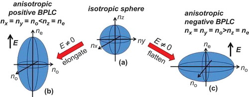 Figure 3. Electro-optic effect on BPLC refractive index ellipsoid: (a) BPLC without an electric field, (b) positive ∆ε BPLC with an electric field and (c) negative ∆ε BPLC with an electric field.