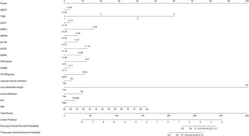 Figure 5 Nomogram of prognostic model for OS of colorectal cancer.