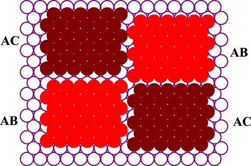 Figure 7. (Colour online) Different positions of B-type and C-type clusters on an A-type layer (schematic). The clusters divided by Shockley's partial dislocations (see text).