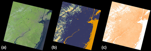 Figure 2. Example of the Data2TimeS processing workflow applied to multispectral data including calibration and atmospheric correction (a), masking of clouds (light orange), cloud shadows (light blue), and water (orange) (b), and the calculation of indices for all unmasked pixels of the input image (c).