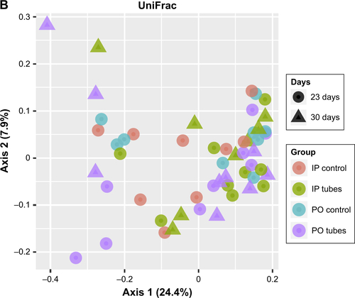 Figure S3 UniFrac PCoA analyses.Notes: (A) Female samples colored by organ and differentiated by either control groups or day of first exposure. (B) Female samples colored by intervention. Shapes identify day of first exposure.Abbreviations: PCoA, principal coordinate analysis; PO, per os (oral); IP, intraperitoneal.
