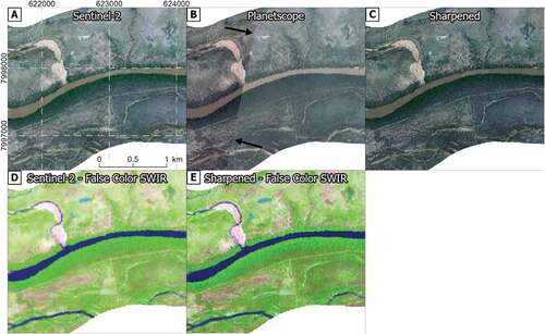 Figure 8. Visual comparison between Sentinel-2 (A) on the left, Planetscope (B) in the center, and Sharpened Sentinel-2 (C) on the right (February 2019). The black arrows in the center indicate the difference between scenes (edge effect) when merging raw Planetscope imagery without any treatment. Panels D and E show Sentinel-2 and Sharpened SWIR, respectively.