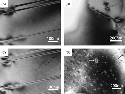 Figure 2. TEM micrographs of r001_33 specimen. (A) and (B) As-received specimen. (C) The same area with (A) after 1040 °C heat-treatment and observed at room temperature. (D) Another grain after heat-treatment and observed at room temperature.