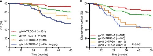 Figure 4 Results of follow-up evaluations among different ypN+AJCC-TRG subgroups.Notes: (A) OS. (B) DFS.Abbreviations: AJCC-TRG, American Joint Committee on Cancer-tumor regression grade; OS, overall survival; DFS, disease-free survival; ypN, postsurgical pathological N category.