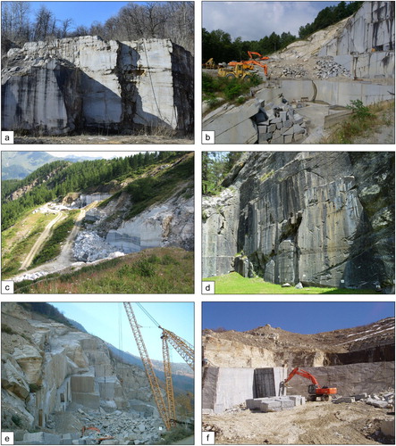 Figure 3. Examples of historical and contemporary quarries of Piemonte: (a) Vico Stone quarry, Vicoforte (CN) (photo by U. Storti); (b) Vico Diorite quarry, Vico Canavese (TO); (c) Prali Marble, Maiera quarries, Prali (TO); (d) Verde Alpi Cesana, ‘palestra di roccia’ quarry, Cesana Torinese (TO); (e) Serizzo Antigorio, Campieno Inferiore quarry, Crevoladossola (VB); (f) Luserna Stone quarry, Luserna San Giovanni (TO).