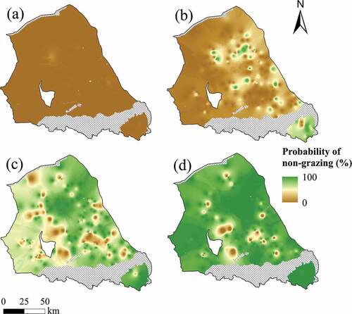 Figure 4. Maps of the spatial configuration of probability of non-grazing under different conservation payments in Damao County, China (a: 70% of current payment; b: 100% of current payment; c: 130% of current payment; d: 150% of current payment).