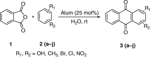 Scheme 1.  Alum as a catalyst for the synthesis of anthraquinone derivatives.