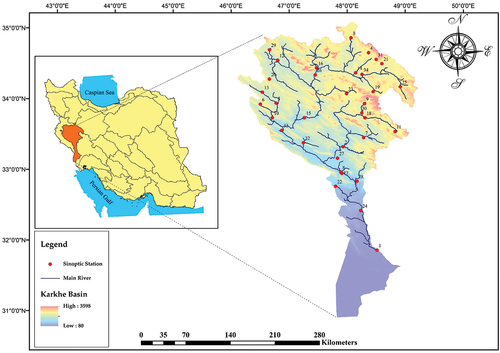 Figure 1. Geographical location of karkheh basin and selected rainfall stations.