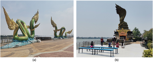 Figure 5. The Mekong River and Buddhist beliefs and practices: (a) the Naga Statue in Nong Khai, (b) the Naga Monument in Nakhon Phanom.