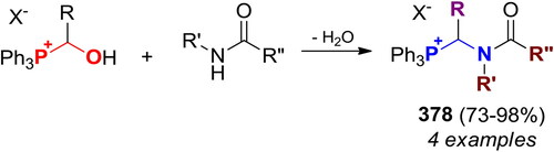 Scheme 222. 2C-Phospha-Mannich reaction of P+,OH-acetals with methyl carbamate, 1,1- and 1,3-dimethylureas, and acetamide. Products, yields, and related references, are listed in Table S58.
