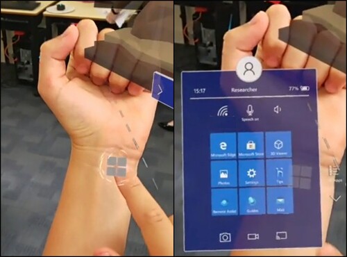 Figure 6. HoloLens 2 Start menu viewed over student’s wrist with finger tapping.