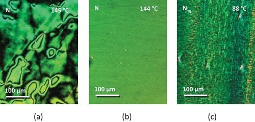 Figure 3. (Colour online) (a) The schlieren texture of the N phase for a sample sandwiched between untreated glass slides, (b) the uniform nematic texture and (c) the blocky schlieren texture of the NTB phase seen for CB4OABOMe in a cell treated for planar alignment.