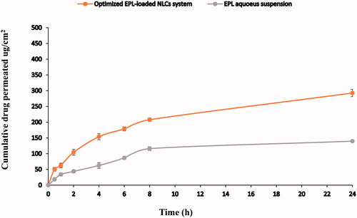 Figure 6. Ex vivo permeation profiles of EPL from optimized EPL-NLCs system (containing 5 mg EPL) through intestinal membrane in saline solution compared to EPL aqueous suspension.