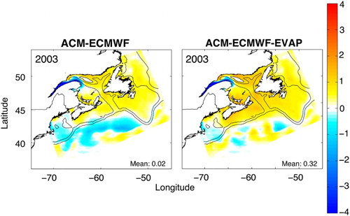 Fig. 3 Mean annual SSS anomaly (model-climatology) in 2003.
