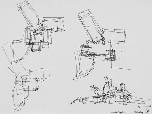 Figure 16. Frank Gehry, The Winton Residence Guest House, 1986, Felt-tip pen on white wove paper 9 × 12 inch. © Frank O. Gehry, Getty Research Institute, Los Angeles, Frank Gehry Papers.