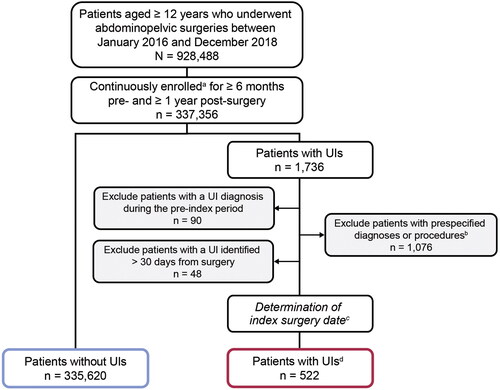 Figure 1. Patient disposition.a≤1 month gap in enrollment was permitted.bPatients with prespecified diagnoses and procedures on the index surgery date or by the date of UI identification were excluded. Examples include urological surgeries, ureter/kidney stones, or trauma.cIf multiple targeted surgeries were identified within 30 days prior to the earliest UI identification date, the closest surgery to the UI identification date was selected as the index surgery. If multiple qualifying surgeries occurred on the date of injury, the index surgery was selected randomly.dUI identified ≤30 days from index surgery.Abbreviation: UI, ureteral injury.