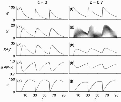 Figure 4. Simulation of model Equation(3) with initial condition (100, 0, 0, 0)⊤ and parameters b=0.9, k=31, f=0.1, q=0.6, μ=0.05, d=0.01, ν=0.2. (a)–(e) Without synchrony (c=0). (f)–(j) With synchrony (c=0.7).