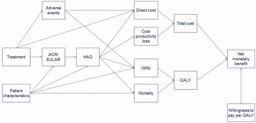 Figure 2. Influence diagram outlining structural relationships among different model parameters. ACR: American College of Rheumatology; EULAR: European League Against Rheumatism; HAQ: Health Assessment Questionnaire; QALY: quality-adjusted life-year.