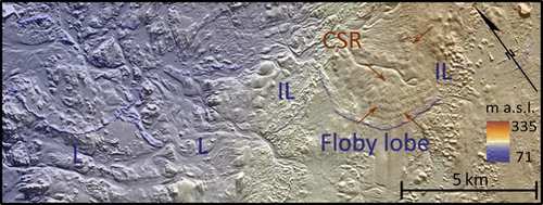 Figure 6. The terrestrial-terminating ice-lobe landforms at Floby. Inside the lobate shape there are ‘crevasse-squeeze ridges’ (CSR) highlighted by red arrows. Another couple of lobes (L) and interlobate areas (IL) are marked. Note the extensive traces of flowing meltwater; channels and corridors. The extent of the figure is displayed in Figure 1(B).