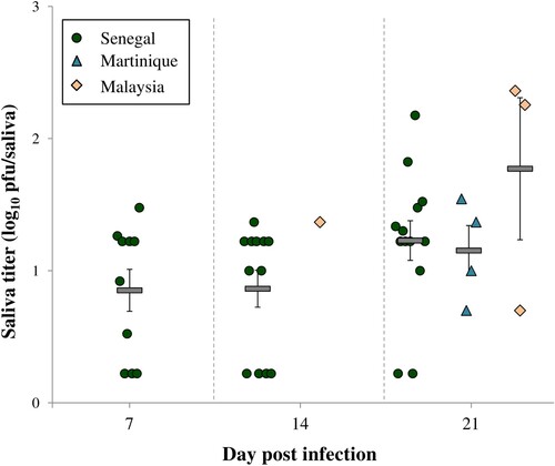 Figure 2. Viral loads in saliva of Ae. aegypti infected with ZIKV Senegal, ZIKV Martinique or ZIKV Malaysia at 7, 14 and 21 days post-infection. Dots, triangles and rhombuses, represent the titer of each infected saliva. Horizontal grey bars represent means (± SE).