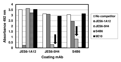 Figure 2. Competition between mAbs for binding to mouse IL-2. Polyvinyl chloride microtiter plates were coated with anti-mIL-2 mAbs at 2.5 µg/mL. Diluted purified phages displaying mIL-2 (1011 viral particles/mL) were incubated on coated wells, after pre-incubating them in the presence or absence of competitor antibodies in solution at 100 µg/mL. 9E10 mAb was also used as a control non-competitor antibody recognizing the c-myc tag fused to IL-2 molecules in our display system. Bound phages were detected with an anti-M13 mAb conjugated to horseradish peroxidase. Arrows indicate cross-competition between the different antibodies. Cross-competition was defined as the decrease in capture by a given antibody (by more than 50%) after incubating phage-displayed mIL-2 with a second antibody in solution.