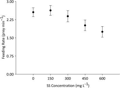 Figure 2 Mean feeding rates (± SEM) of brown trout exposed to the five SS treatments. Significant differences (P < 0.05) between treatments, calculated by Fisher’s LSD pairwise comparisons, are denoted above (treatments that are significantly different do not share a number).