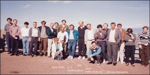 Figure 17. Some liquid crystalists on their way to Los Alamos for a visit while participating in a workshop in Santa Fe, New Mexico (April 1993). The NATO Advanced Research Workshop “Spatio-temporal Patterns in Nonequilibrium Complex Systems” was organized by Patricia Cladis and Peter Palffy-Muhoray. Mitsugu Matsushita didn't work in LCs but was well known for his first experiments showing the diffusion-limited aggregation pattern and bacteria pattern formation. This conference, not limited to LCs, gathered the world's top players in pattern formation under one roof.