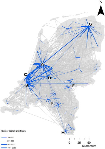 Figure 3. The networked geographies of private landlordism in the Netherlands. Most important flows between landlords’ place of residence and ownership highlighted.