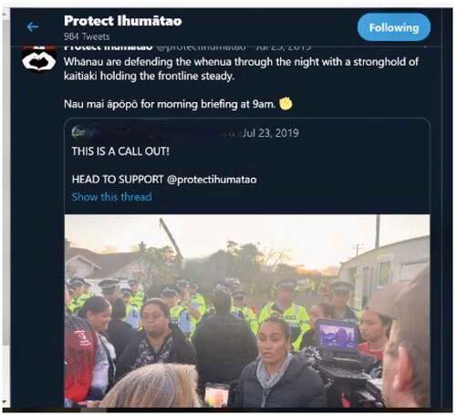Figure 3. Protect Ihumātao using Twitter to make a plea for supporters to show up when bodies are needed to physically defend the land in real time.