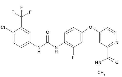 Figure 3 Structure of Regorafenib. 4-(4-[{(4-Chloro-3-[trifluoromethyl]phenyl)carbamoyl}amino]-3-fluorophenoxy)-N-methylpyridine-2-carboxamide.